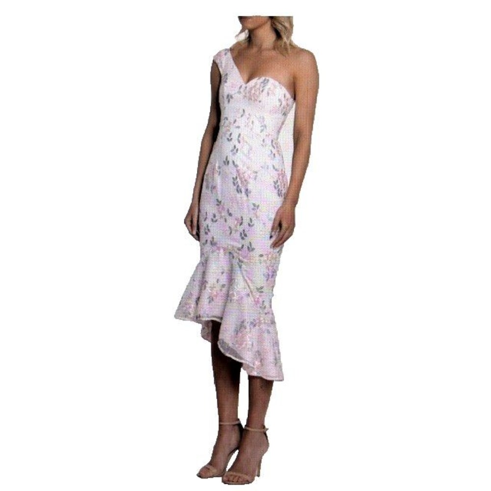 Bariano Gabriella Blush Floral Embroidered One-Shoulder High/Low Dress Sz 10 ***